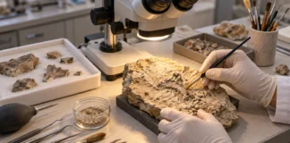 Descubrimientos recientes del jurásico tardío: nuevas piezas entre 2023 y 2026 Manos con guantes preparando un fragmento fósil en una mesa de laboratorio.