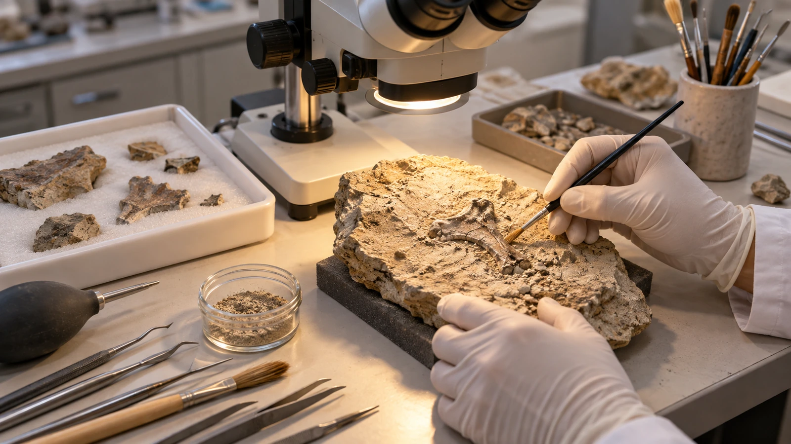 Manos con guantes preparando un fragmento fósil en una mesa de laboratorio.
