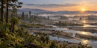 El mundo cambiante del cretácico temprano Llanura fluvial con canales, coníferas y helechos al amanecer