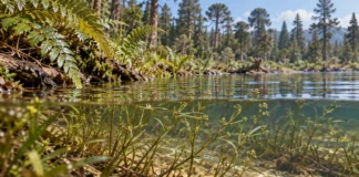 Plantas con flores y su impacto en los dinosaurios Plantas sumergidas en una ribera rodeada de helechos y coníferas