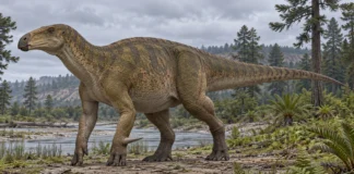 Iguanodon: un herbívoro adaptado Iguanodon con el tronco horizontal y la cola elevada junto a un río