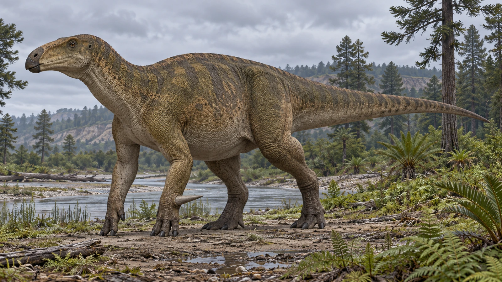 Iguanodon con el tronco horizontal y la cola elevada junto a un río
