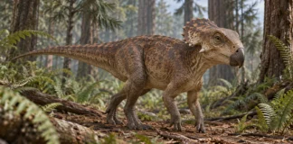 La evolución de los dinosaurios con cuernos Pequeño ceratopsio con pico y gola corta entre helechos