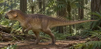Psittacosaurus: los inicios de los ceratopsios Psittacosaurus de pico corto con filamentos sobre la cola en un bosque