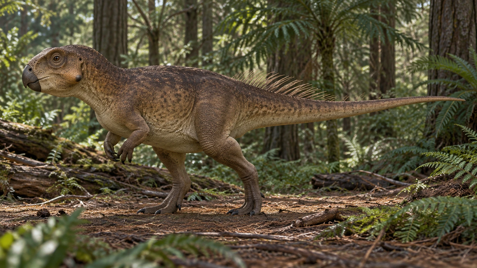 Psittacosaurus de pico corto con filamentos sobre la cola en un bosque