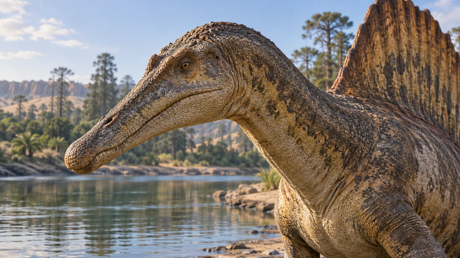 Cabeza alargada y parte de la vela dorsal de Spinosaurus junto a un río
