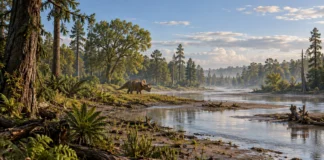 Ecosistemas complejos del cretácico tardío Río entre bosques de coníferas y árboles de hoja ancha con un Triceratops en la orilla.