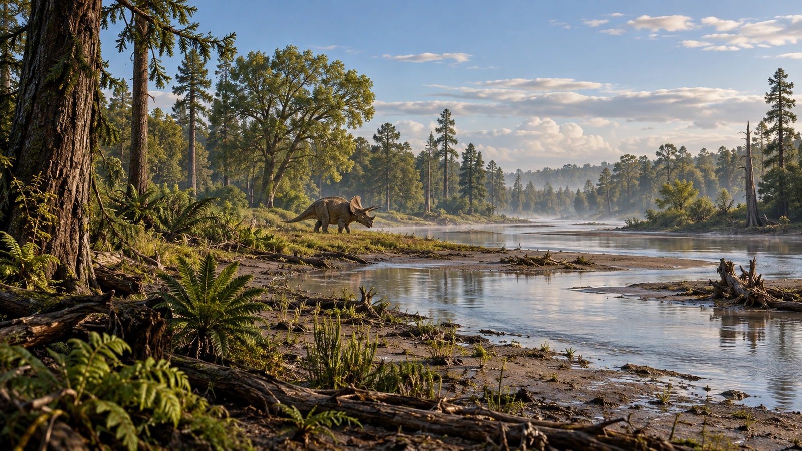 Río entre bosques de coníferas y árboles de hoja ancha con un Triceratops en la orilla.