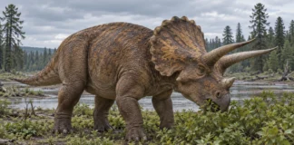 Triceratops: el rey de los ceratopsios Triceratops de cuerpo robusto, tres cuernos y gola ósea junto a plantas bajas.
