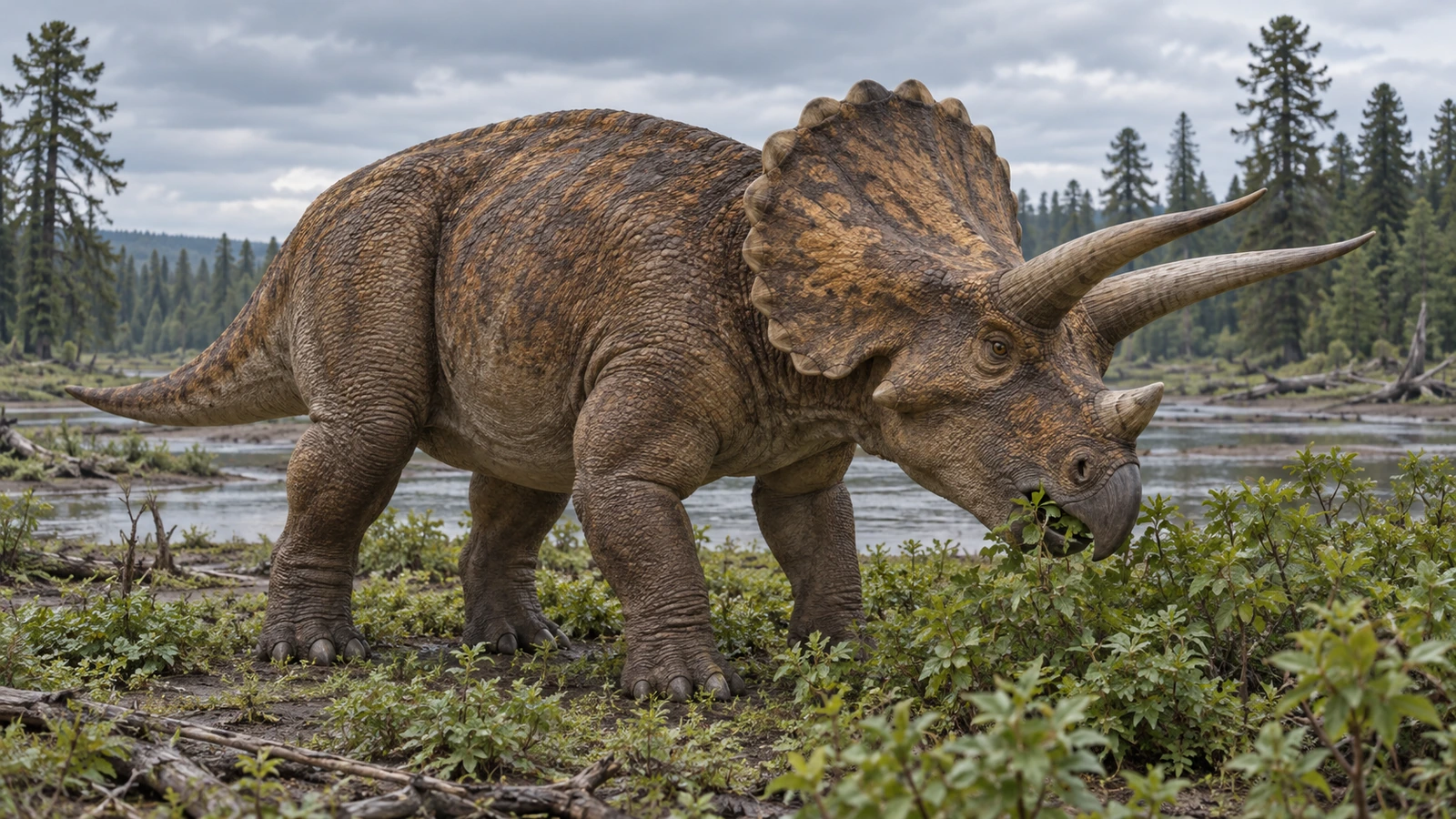 Triceratops de cuerpo robusto, tres cuernos y gola ósea junto a plantas bajas.