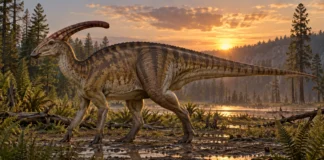 Hadrosaurios: los herbívoros con picos de pato Parasaurolophus de perfil con una larga cresta tubular y la cola separada del suelo.