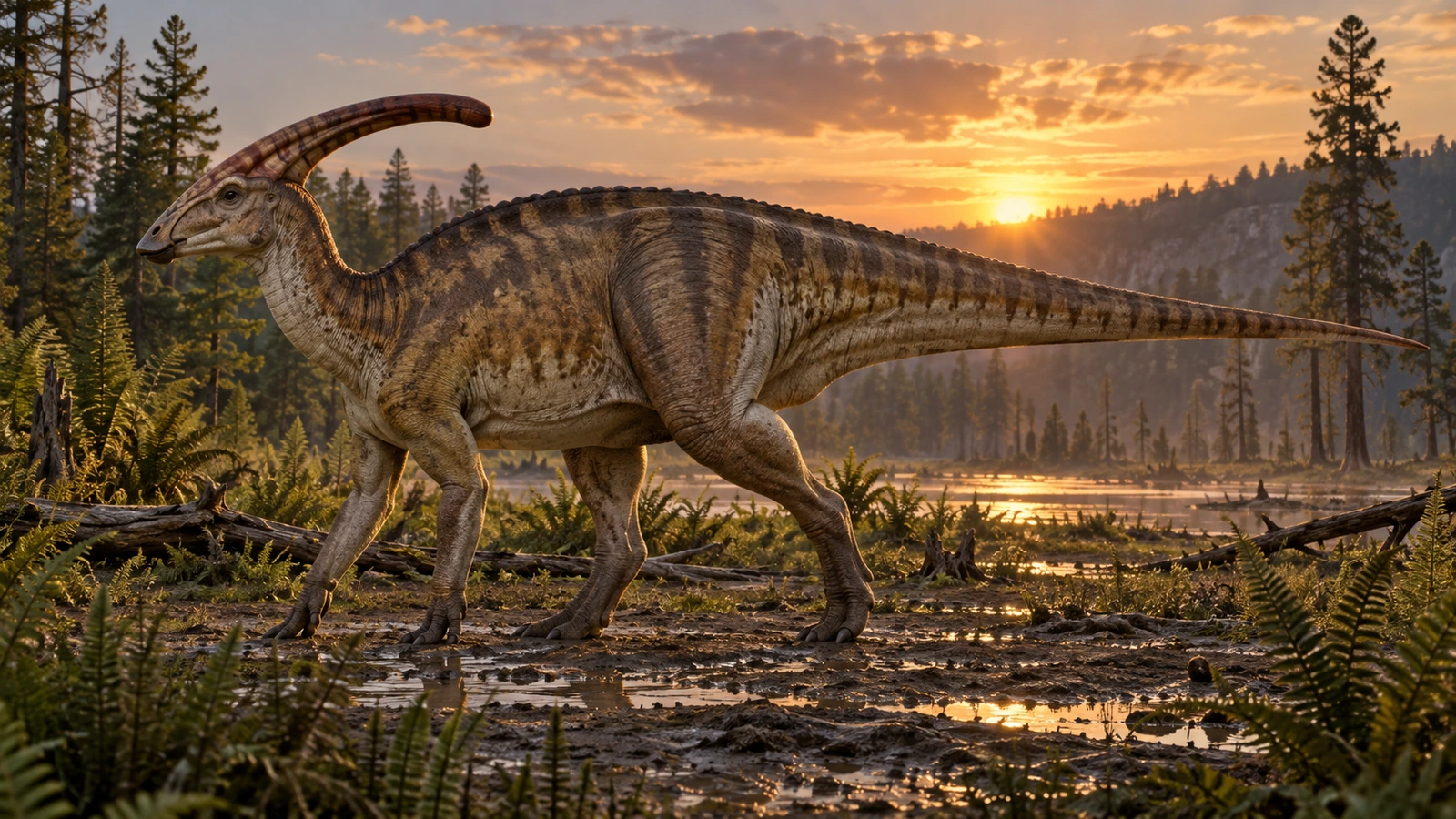 Parasaurolophus de perfil con una larga cresta tubular y la cola separada del suelo.