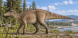 Edmontosaurus: un superviviente hasta el final Edmontosaurus de perfil, con pico ancho, cuatro extremidades de apoyo y cola larga.