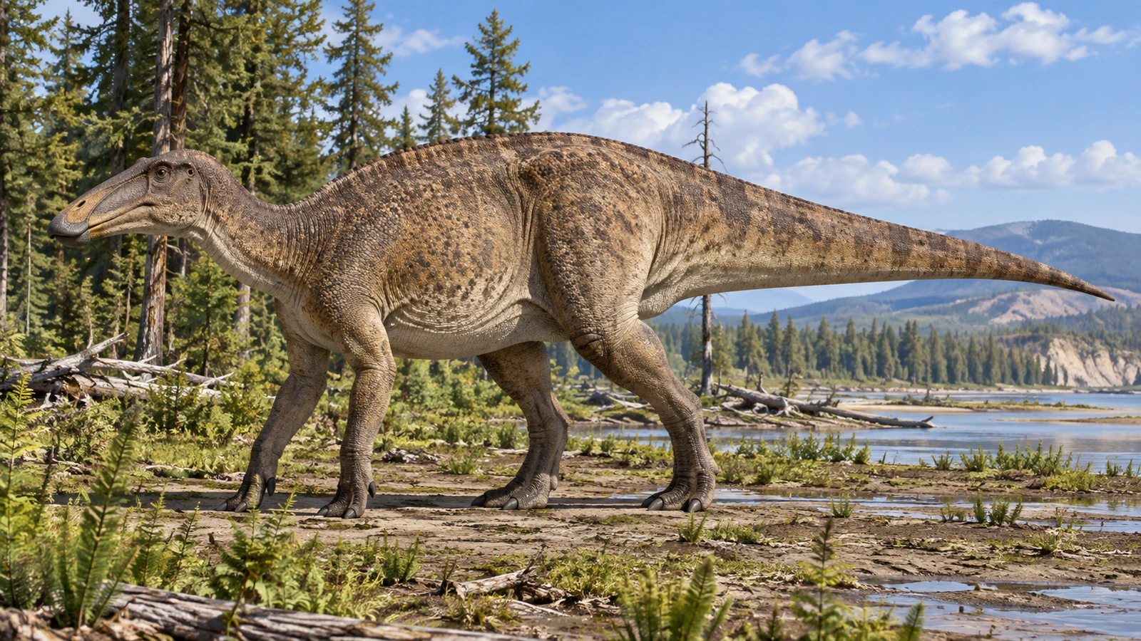 Edmontosaurus de perfil, con pico ancho, cuatro extremidades de apoyo y cola larga.