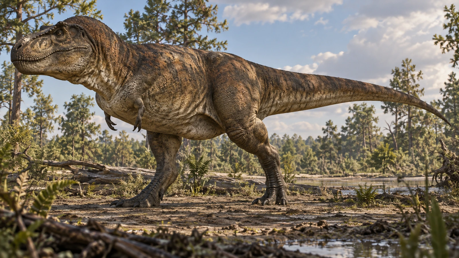 Tyrannosaurus rex camina con el tronco horizontal, cola elevada y boca cerrada.