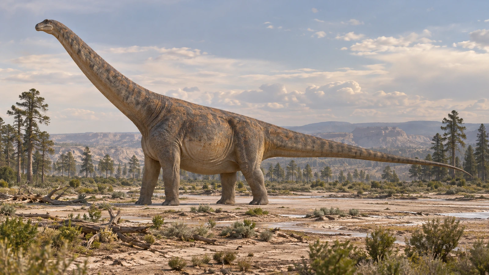 Alamosaurus de cuello largo, tronco voluminoso y cuatro patas columnares en una llanura.