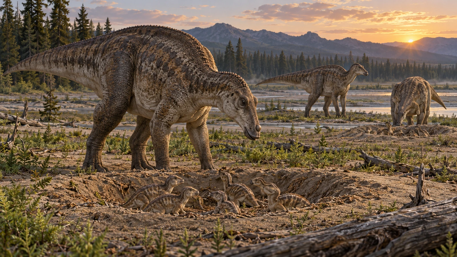 Varios Maiasaura adultos permanecen cerca de depresiones con crías en una llanura.