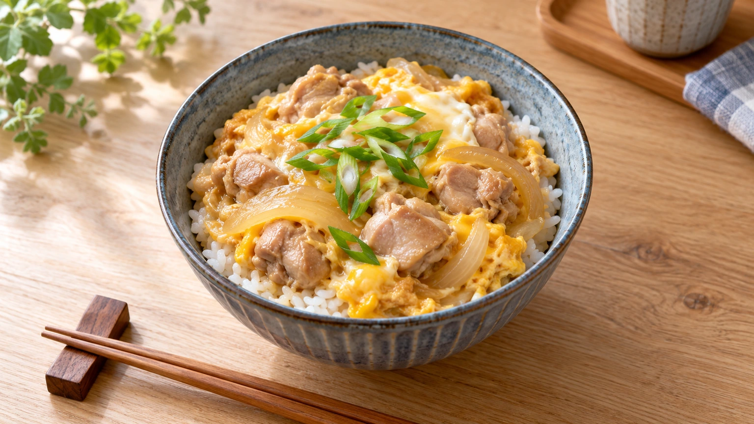 Oyakodon con pollo, huevo y cebolla sobre arroz en un cuenco de cerámica