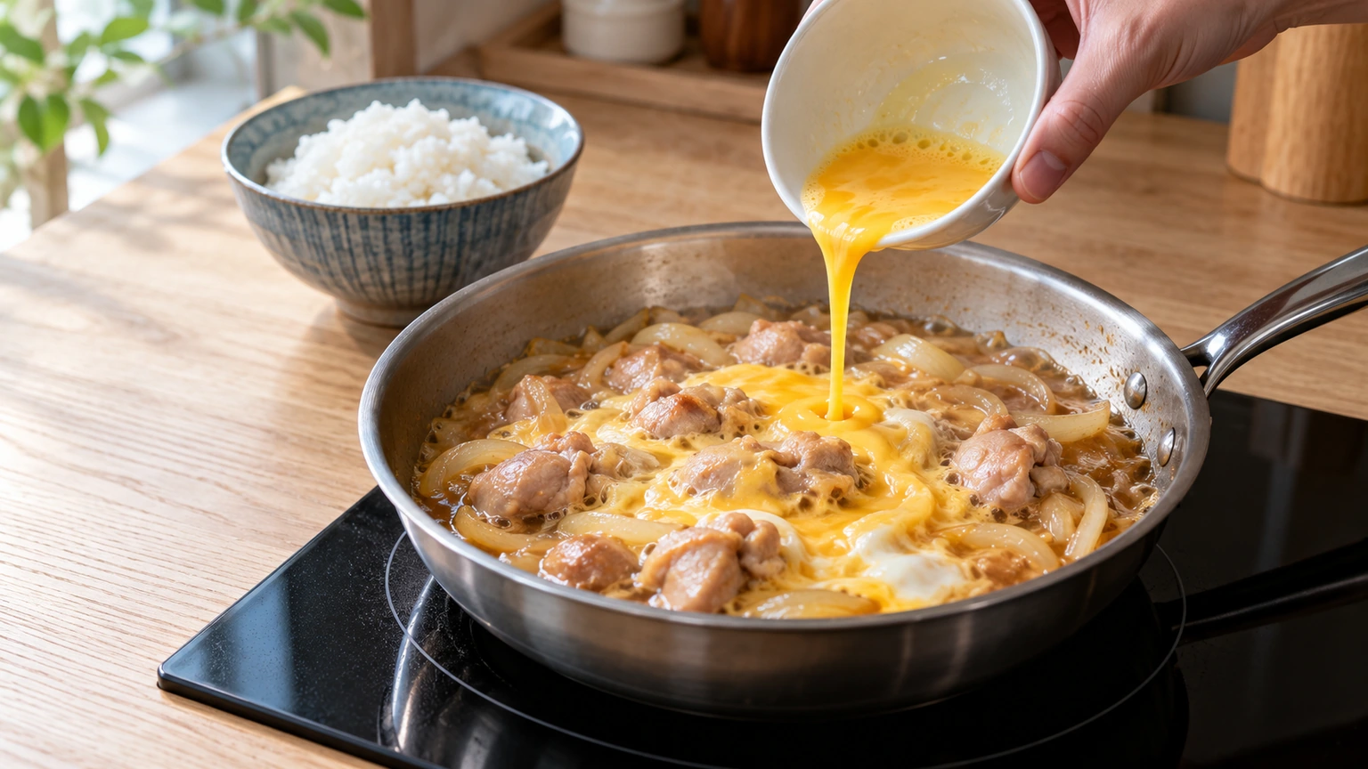 Momento de verter huevo batido sobre pollo y cebolla para preparar oyakodon