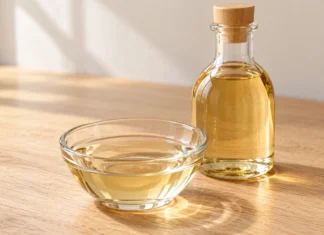 Mirin: qué es y cómo utilizarlo en la cocina japonesa Mirin dorado y transparente en un cuenco de cristal junto a una botella sin etiqueta.