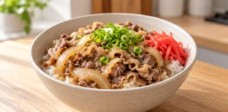 Receta de gyudon: arroz con ternera y cebolla Cuenco de gyudon con arroz blanco, ternera en lonchas finas, cebolla, cebolleta y jengibre encurtido rojo.