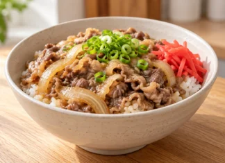 Receta de gyudon: arroz con ternera y cebolla Cuenco de gyudon con arroz blanco, ternera en lonchas finas, cebolla, cebolleta y jengibre encurtido rojo.
