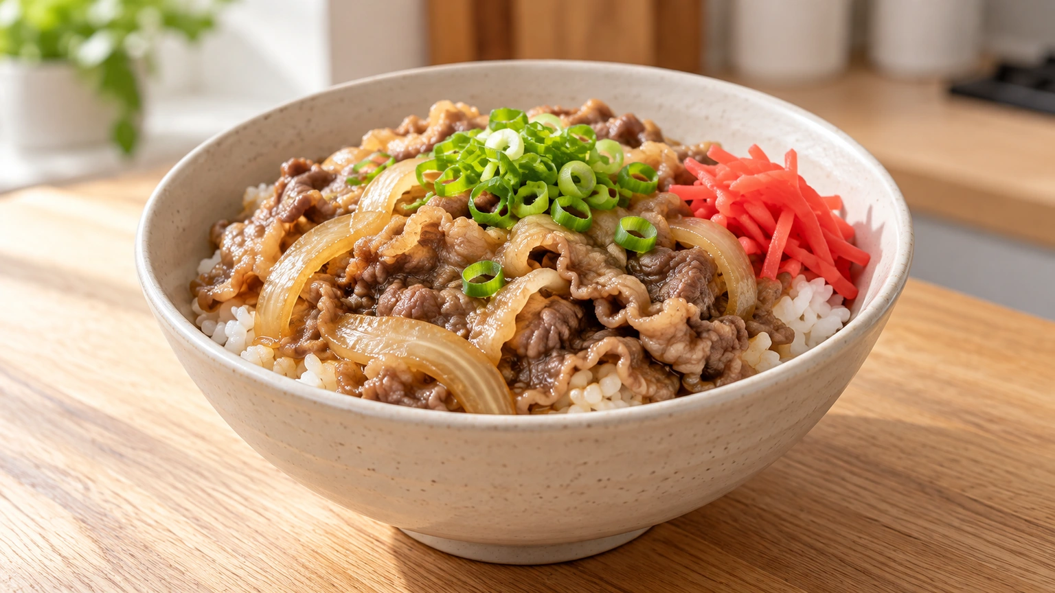 Cuenco de gyudon con arroz blanco, ternera en lonchas finas, cebolla, cebolleta y jengibre encurtido rojo.